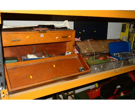 THREE VINTAGE WOODEN TOOL CHESTS WITH VARIOUS HAND TOOLS to include planers, measurement devices, chizels, socket set, saws e