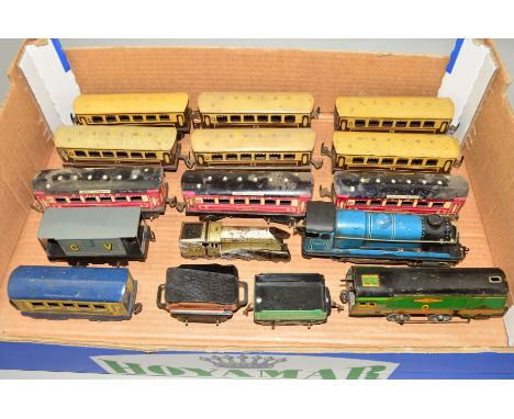 A QUANTITY OF UNBOXED AND ASSORTED PLAYWORN TINPLATE CLOCKWORK O GAUGE MODEL RAILWAY ITEMS, majority are British made, to inc