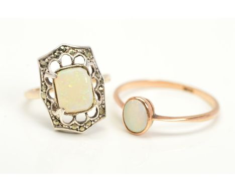 TWO OPAL RINGS, the first designed as an oval opal cabochon in a collet mount, ring size P1/2, second designed as a central r
