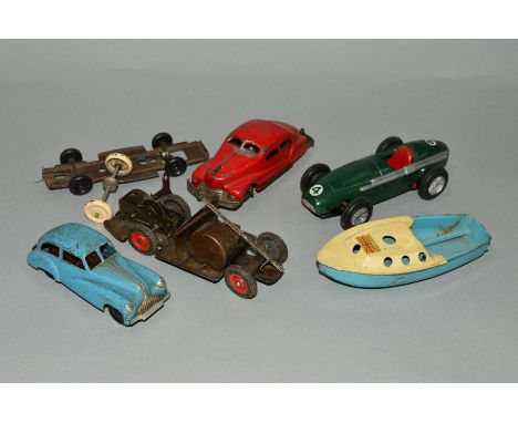 A QUANTITY OF ASSORTED TINPLATE CARS, etc, Wells-Brimtoy Pocketoy clockwork Sedan, partially repainted, missing part of rear 