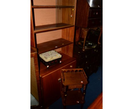 A MID 20TH CENTURY TEAK BOOKCASE, together with an oak two door cabinet, a brassed triple branch standard lamp, oak telephone