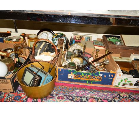 SEVEN BOXES AND LOOSE SUNDRY ITEMS ETC, to include brass items including jam pan, Smiths chiming mantel clock, anniversary cl