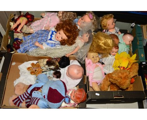 THREE BOXES OF VINTAGE DOLLS AND TEDDY BEARS ETC