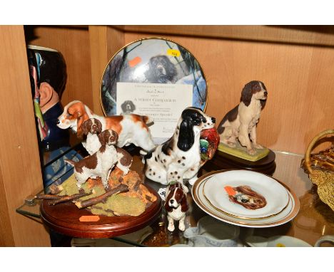 A GROUP OF SPANIEL ORNAMENTS AND PLATES, to include Royal Doulton 'Cocker Spaniel with Pheasant' HN 1138 and 'Cocker Spaniel'