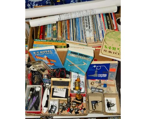 MODEL AIRCRAFT ACCESSORIES AND BOOKS, to include AE 0.5 and 1cc diesel engine, Modela co2, Astro Cobalt engines, lightspeed e