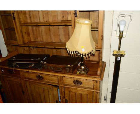 A BRASS CORINTHIAN COLUMN STANDARD LAMP and a similar table lamp together with two distressed oak cased artist cases and cont