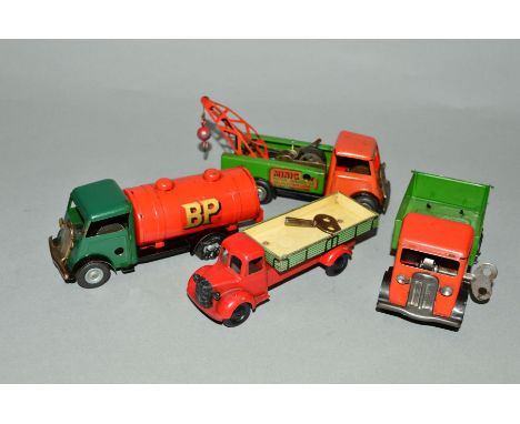 THREE SHORT CAB TRI-ANG MINIC LORRIES, B.P. Petrol Tanker, No.15M, decals in fairly good condition, tyres perished, Breakdown
