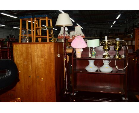 A MAHOGANY OPEN BOOKCASE, together with a teak double door wardrobe (key), a pair of stools, a standard lamp, five various ot