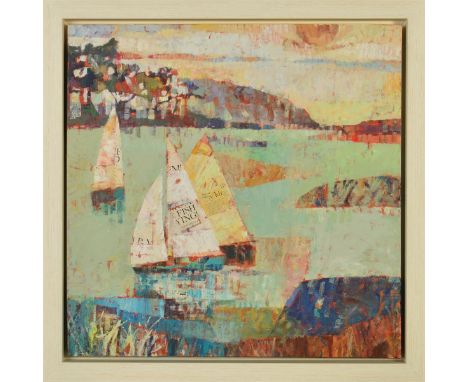 SALLY ANNE FITTER (BRITISH CONTEMPORARY) 'HAPPY DAYS SAILING', sailing boats off the coast, signed lower right, mixed media o