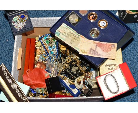 A BOX OF MAINLY COSTUME JEWELLERY, to include a marcasite wristwatch, a cased Blues Harp harmonica, together with necklaces, 