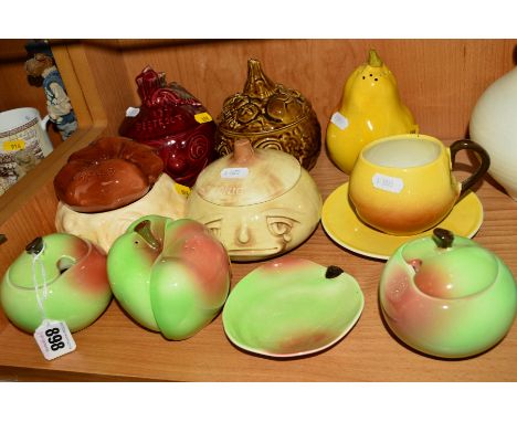 A COLLECTION OF FACE POTS, TEAWARES, etc, to include Carlton Ware 'Apple' two preserve pots, cruet set and trinket dish, 'Pea