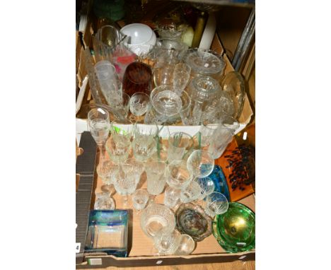 TWO BOXES OF GLASSWARE including Alum Bay studio glass trinket dish, unmarked studio glass dishes, glass bowls, vases, wine g