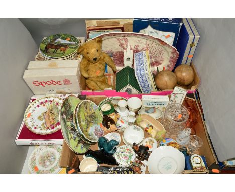 TWO BOXES AND LOOSE CERAMICS, GLASS AND VARIOUS ITEMS, including a Jaguar car mascot, boxed Spode, Royal Doulton and Royal Al