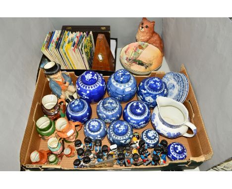 TWO BOXES AND LOOSE CERAMICS, etc to include ten Chinese prunus pattern ginger jars and covers, a Royal Doulton Dickens Ware 