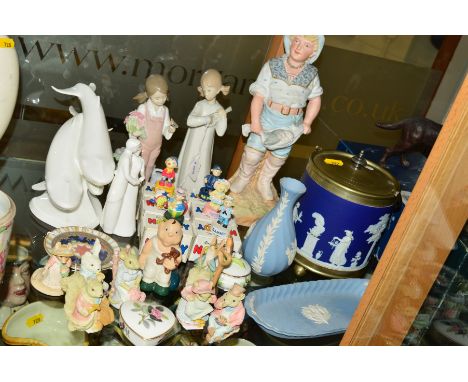 A GROUP OF CERAMICS, ORNAMENTS etc, to include two Lladro figures both with damage, a bisque fisherman, height 32cm, Royal Do