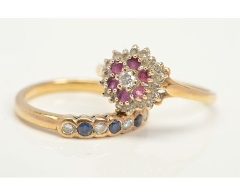 TWO RINGS, the first designed as a line of collet set circular sapphires and brilliant cut diamonds, hallmark rubbed, the sec
