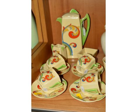 ROYAL DOULTON 'SYREN' ART DECO PART COFFEE SET, D5102, RD No 764873, comprising coffee pot, cream jug, sugar bowl, four cups 