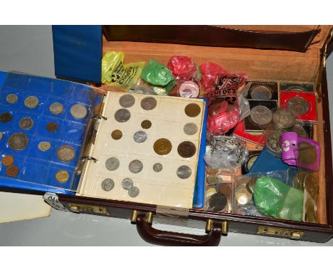 A BROWN BRIEFCASE CONTAINING COINS AND COMMEMORATIVES, to include 1819, 1891, 1892 crowns, Morgan dollar 1878, three five pou