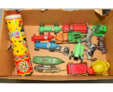 A QUANTITY OF UNBOXED ASSORTED PLAYWORN DIECAST VEHICLES, etc, to include Dinky Toys racing cars, Kleeware plastic racing car