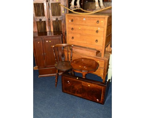 A GOLDEN OAK CHEST OF THREE DRAWERS, together with another chest of three drawers, a modern mahogany CD cabinet, a hardwood a