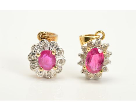 TWO GLASS FILLED RUBY AND DIAMOND OVAL CLUSTER PENDANTS, one 18ct with a ruby measuring approximately 5.9mm x 4.0mm, estimate