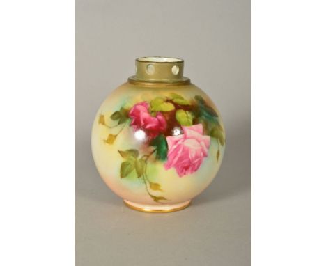 A ROYAL WORCESTER POT POURRI VASE, of globular form, with rose painted decoration, puce backstamp and No1039 to base (missing
