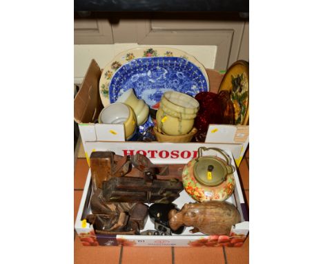 TWO BOXES OF CERAMICS, GLASS AND WOODWORKING TOOLS, etc to include large floral meat platter, blue and white pierced rim Iron