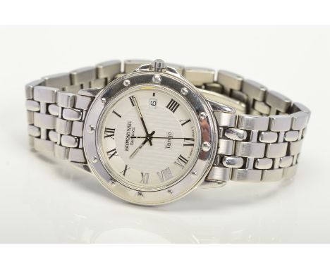 RAYMOND WEIL TANGO QUARTZ WRISTWATCH, Roman numerals on a silvered dial with an engine turned centre, date window at 3 o'cloc