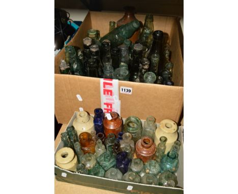 TWO BOXES OF VINTAGE GLASS BOTTLES, some stoneware bottles etc, many named bottles including 'REGESAN', 'DUNCAN WATT, 'THE LI