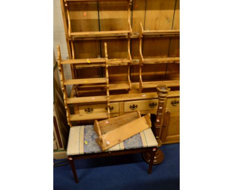 FIVE VARIOUS PINE WALL MOUNTED PLATE RACKS, an oak standard lamp, duet stool, etc (8)