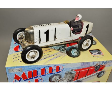 A BOXED GILBOW TINPLATE &amp; DIECAST CLOCKWORK LARGE SCALE MILLER RACING CAR, missing key but otherwise appears complete and