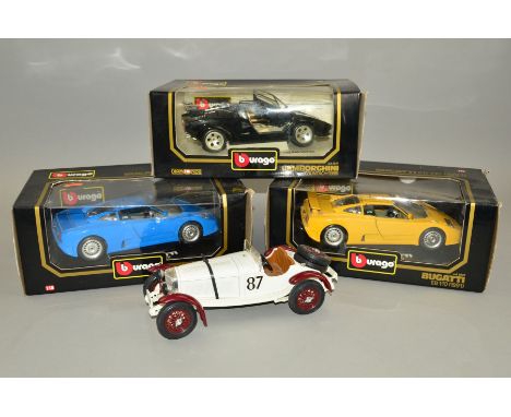 THREE BOXED BURAGO DIECAST SPORTS CAR MODELS, 1/18 scale, Lamborghini Countach (1988), No.3037, Bugatti EB110 (1991), No.3035