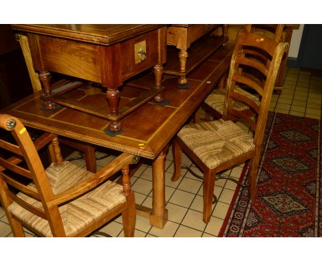 A BARKER AND STONEHOUSE FLAGSTONE MANGO WOOD DINING TABLE, on a turned and block base united by a stretcher, width 191cm x de