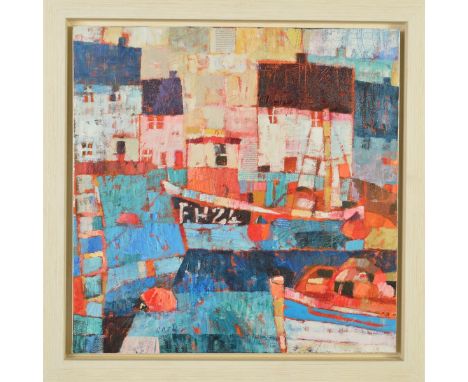 SALLY ANNE FITTER (BRITISH CONTEMPORARY) 'EVENING AT THE HARBOUR' boats and cottages, signed lower left, mixed media on canva