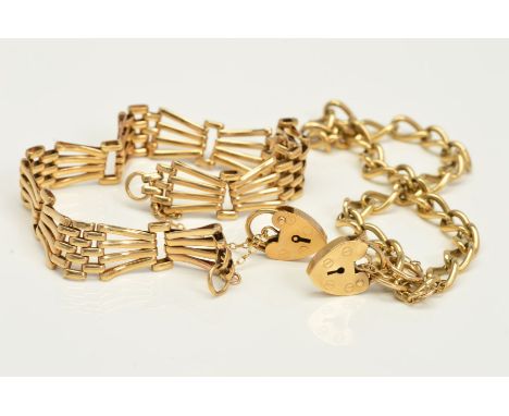 TWO 9CT GOLD BRACELETS, the first a curb link bracelet, the second a fancy link gate bracelet, both with heart padlock clasps