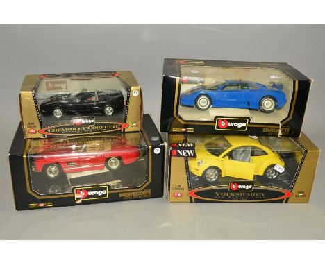 FOUR BOXED BURAGO SPORTS CAR MODELS. 1/18 scale Bugatti EB110 (1991) No.3035, Mercedes Benz 300SL (1954) No.3013, Gold Collec