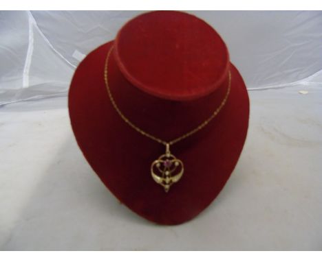 9CT GOLD PENDANT WITH RUBY &amp; SEED PEARL, FINE CHAIN 2.5GRMS EST [£30-£50]