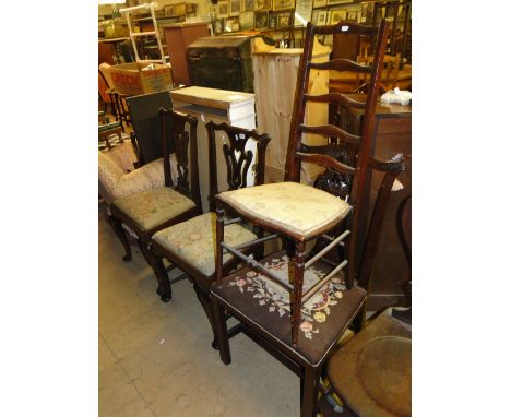 Pair of  Georgian walnut side chairs with pierced splat backs & tapestry seats, a ladder back & a 19th century mahogany chair