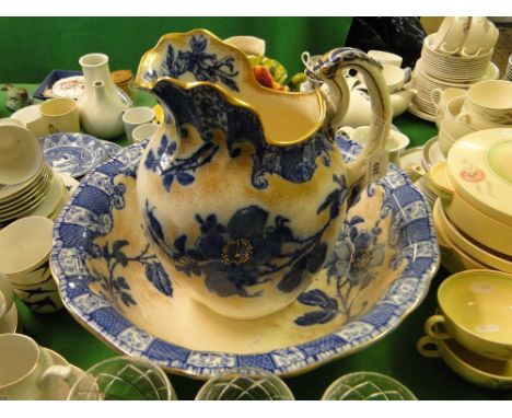 A Victorian blue & white Doulton Burslem wash jug & basin, finished in gold