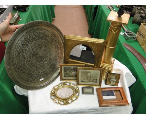 Box containing various frames including a Florentine design mirror, another mirror, a table lamp & an engraved metal tray