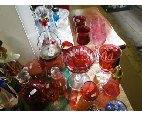 Ruby overlay glass decanter & jug, cranberry glass items etc
