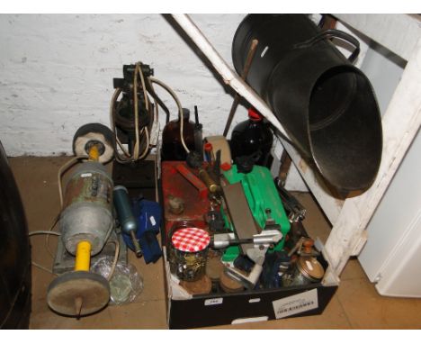 Box of tools, polisher, pillar drill etc