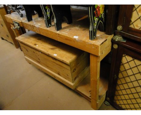 A large pine work bench with Record vice