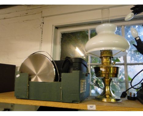 A Brass oil lamp, a cake stand & basket and 2 pairs binoculars, etc.
