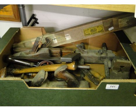 A box of woodworking planes & other tools