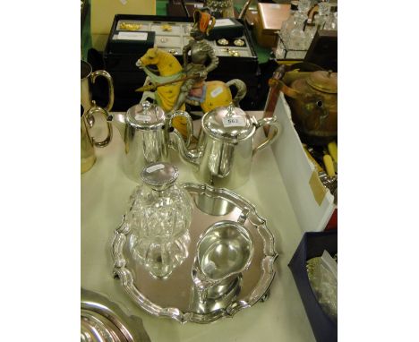 Cut glass silver mounted scent bottle, silver plated salver, hotel plate coffee pots & a ceramic knight figure