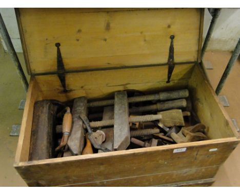 A Pine carpenter's tool box & tools