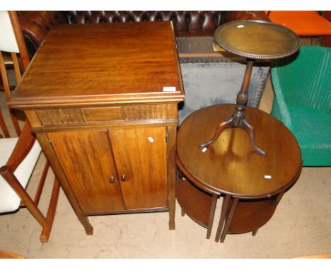 Large Edwardian mahogany gramophone cabinet, nest of tables, tripod table & a vintage trunk