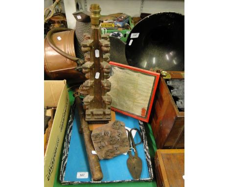 A carved oak table lamp, a truncheon, indenture, glass blowers shears, etc