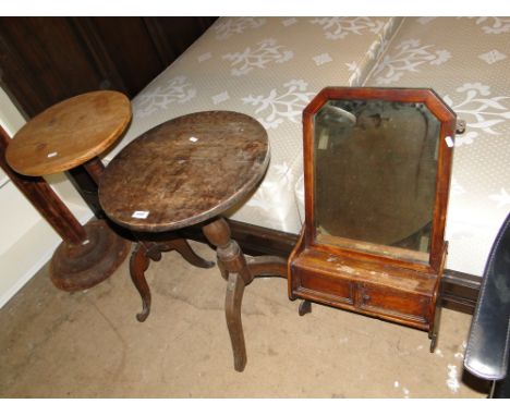 Two 19th century tripod tables,  &  a stained pine mirrored shelf with cupboards